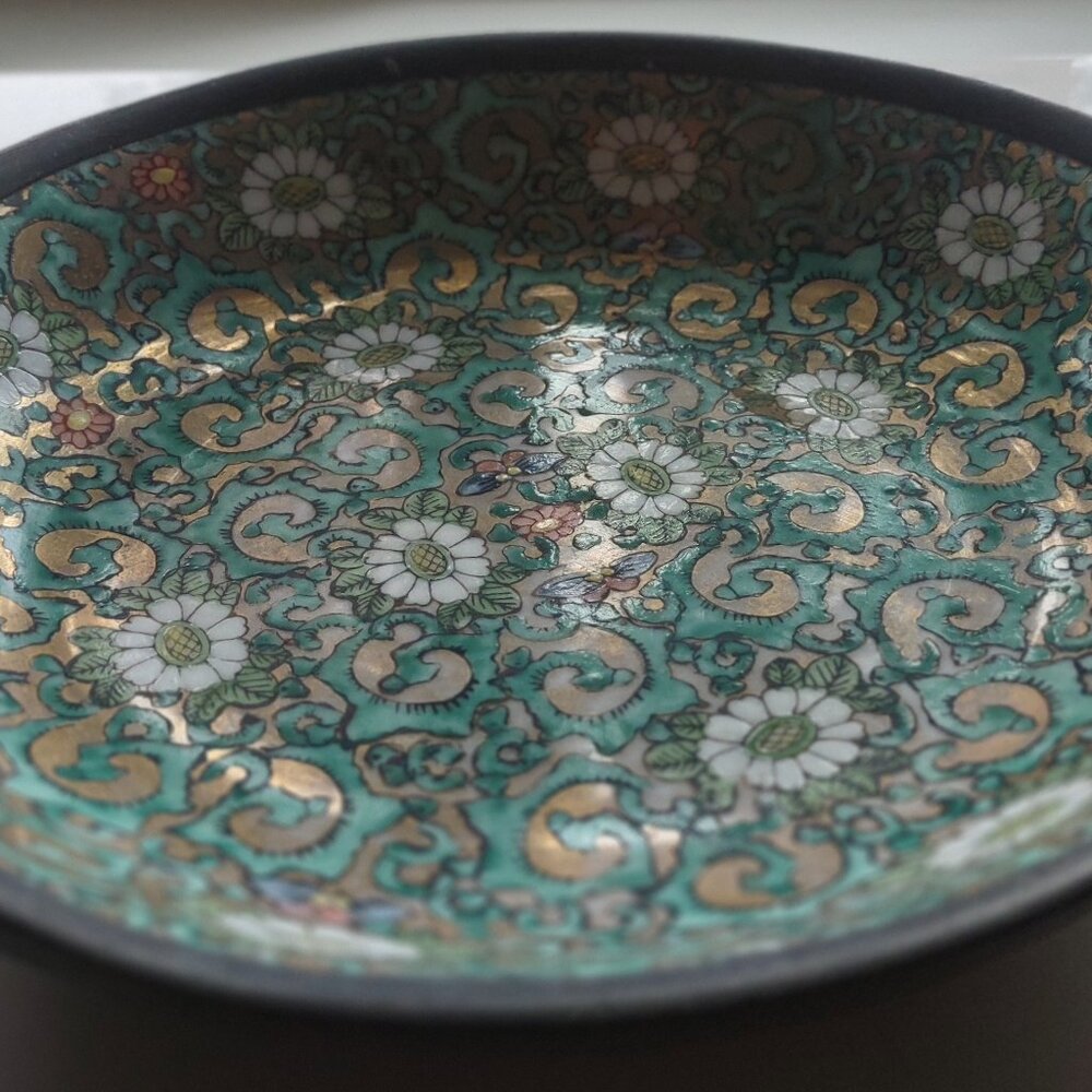 VTG Japanese Porcelain Metal Ware Encased Decorative Multi Colored Bowl 9.5" Dia - Picture 2 of 11